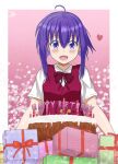 1girl absurdres ahoge birthday birthday_cake blush bow box cake candle food gift gift_box highres huge_filesize mahou_sensei_negima! miyazaki_nodoka purple_hair school_uniform shiny short_hair smile 