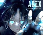  1girl animification apex_legends bangs black_scarf blue_eyes blurry blurry_foreground copyright_name electricity fingerless_gloves gloves glowing glowing_eyes hair_bun logo nepitasu nose_piercing open_hand open_mouth parted_bangs piercing portrait scarf solo wraith_(apex_legends) 