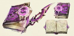  absurdres artist_name book commentary dated english_commentary english_text fantasy highres light_particles no_humans open_book original simple_background sinlaire still_life weapon weapon_focus weapon_request white_background 
