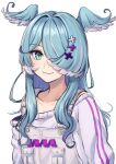  1girl absurdres bangs blue_eyes blue_hair collarbone elira_pendora g9_(jiiku) grey_overalls hair_over_one_eye head_wings highres long_hair nijisanji nijisanji_en off_shoulder one_eye_covered portrait smile solo sweater virtual_youtuber white_background white_sweater 