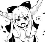  1girl bangs bow commentary_request fang greyscale hair_bow heart horns ibuki_suika kumamoto_(bbtonhk2) long_hair looking_at_viewer monochrome open_mouth simple_background smile solo spoken_heart touhou upper_body white_background 
