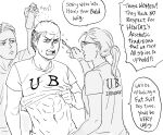 1girl 2boys abs bald_cap bb_(baalbuddy) clothes_lift english_commentary english_text glasses greyscale highres makeup makeup_brush monochrome multiple_boys open_mouth original ponytail shirt shirt_lift simple_background speech_bubble t-shirt white_background 