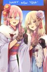 2020 2girls black_gloves blonde_hair flower gloves hair_flower hair_ornament happy_new_year highres japanese_clothes kimono long_hair looking_at_viewer multiple_girls murata_tefu new_year open_mouth original pink_hair smile v 