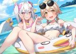  2girls :d ahoge azusa_(blue_archive) bangs bare_shoulders beach bikini blue_archive blue_sky blush bow breasts clouds cloudy_sky collarbone commentary_request day eyebrows_visible_through_hair eyewear_on_head feathered_wings frilled_bikini frills grin hair_between_eyes hair_bow halo hifumi_(blue_archive) horizon innertube long_hair looking_at_viewer low_wings multiple_girls navel ocean open_mouth outdoors pink_eyes short_hair silver_hair sky small_breasts smile sunglasses swimsuit violet_eyes water white_bikini white_wings wings yellow_eyes yoku_yoo 