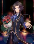  1boy achan_(blue_semi) bangs black_hair black_pants blue_eyes blue_neckwear blurry blurry_background bokeh bouquet coattails collared_shirt cowboy_shot depth_of_field flower formal granblue_fantasy highres lancelot_(granblue_fantasy) male_focus off_shoulder official_alternate_costume outstretched_arm pants parted_bangs rose shirt short_hair smile solo suit thigh_strap white_shirt 