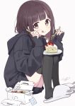  1girl absurdres black_hoodie black_legwear blush box brown_eyes brown_hair cake closed_mouth food fork from_side fruit full_body highres holding hood hoodie licking_lips long_hair nanase_kurumi_(menhera-chan) original plate pomu signature simple_background sitting slippers smile solo strawberry symbol-only_commentary thigh-highs tongue tongue_out white_background 