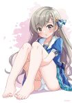  1girl bangs bare_legs barefoot blue_dress blush braid braided_bangs dress eluthel eyebrows_visible_through_hair feet grey_eyes grey_hair hair_ornament highres hisakawa_hayate hugging_own_legs idolmaster idolmaster_cinderella_girls idolmaster_cinderella_girls_starlight_stage knees_to_chest knees_up legs legs_together long_hair looking_at_viewer nail_polish no_shoes open_mouth panties pantyshot puffy_short_sleeves puffy_sleeves sailor_collar sailor_dress short_sleeves sitting solo toenail_polish toenails toes underwear upskirt white_panties 