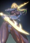  1girl ass_visible_through_thighs blonde_hair blue_eyes bodysuit breasts contrapposto dark_background dual_wielding final_fantasy final_fantasy_xiv from_below highres holding holding_weapon hyur kio_naoki large_breasts long_hair looking_at_viewer mole mole_under_eye ninja_(final_fantasy) ponytail skin_tight solo weapon 
