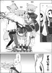  2others 3girls ahoge animal_ears arknights arrow_(projectile) bow_(weapon) commentary_request ear_piercing fox_ears fox_tail greyscale highres holding holding_bow_(weapon) holding_staff holding_weapon hood hood_down hooded_jacket hug jacket kumamoto_aichi long_hair mask monochrome multiple_girls multiple_others piercing reunion_soldier_(arknights) shirt shoes speech_bubble staff sussurro_(arknights) suzuran_(arknights) tail toeless_footwear translation_request vermeil_(arknights) weapon 