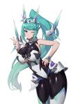  1girl absurdres alternate_costume bangs breasts green_eyes green_hair highres jingb_dx large_breasts long_hair playboy_bunny pneuma_(xenoblade) ponytail simple_background solo swept_bangs very_long_hair white_background xenoblade_chronicles_(series) xenoblade_chronicles_2 
