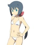  1girl :| ahoge arm_behind_back armpits bangs bare_shoulders bikini blue_hair bob_cut bow breasts closed_mouth constanze_amalie_von_braunschbank-albrechtsberger contrapposto cowboy_shot green_eyes hair_bow hair_ornament halterneck hand_on_hip little_witch_academia long_hair looking_at_viewer navel red_bow satochi simple_background small_breasts solo swimsuit thick_eyebrows very_long_hair white_background white_bikini 