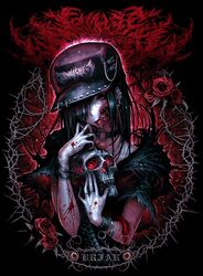  1girl black_hair black_nails blood blood_on_arm blood_on_hands bracelet chain choker earrings eyeball flower guro hair_over_one_eye hat hat_ring highres holding holding_skull jewelry long_hair multiple_earrings multiple_rings necklace organs original red_eyes red_theme ring rose skull solo spine teeth thorns yu-ki_iwata 