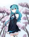  1girl bangs black_dress blue_flower blue_hair blue_rose blurry blurry_background breasts cherry_blossoms clenched_hand dress eyebrows_behind_hair eyeshadow flower frown hair_flower hair_ornament han_ma highres long_hair makeup nijisanji nijisanji_kr orange_eyes red_eyeshadow rose ryu_hari small_breasts solo thigh_strap 