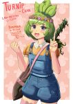  1girl :d absurdres artist_name blush character_name clenched_hand denim english_commentary english_text genderswap genderswap_(mtf) green_hair hand_up head_wreath highres humanization index_finger_raised looking_at_viewer mirifaye open_mouth overalls pink_background pixiv_username short_hair simple_background smile sword thigh-highs turnip turnip_boy_commits_tax_evasion twitter_username violet_eyes weapon 