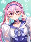  1girl :o absurdres adjusting_eyewear ahoge bangs blue_bow blue_choker blue_hair blue_hairband blue_ribbon blue_sailor_collar blunt_bangs blush bow bowtie breasts choker colored_inner_hair commentary_request eyebrows_visible_through_hair frilled_sailor_collar frills furuki_ayaginutaira glasses hairband hands_up high-waist_skirt highres hololive jacket long_hair long_sleeves looking_at_viewer minato_aqua multicolored_hair notice_lines parted_lips pink_hair puffy_long_sleeves puffy_sleeves ribbon ribbon_choker sailor_collar semi-rimless_eyewear shirt sidelocks skirt solo violet_eyes virtual_youtuber white_jacket white_shirt 