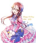  1girl apron bangs birthday character_name commentary_request dated english_text glasses grey-framed_eyewear happy_birthday konro_kai long_sleeves looking_at_viewer love_live! love_live!_sunshine!! low_twintails maid maid_apron maid_headdress redhead sakurauchi_riko sidelocks solo twintails yellow_eyes 