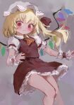  1girl absurdres ascot bangs blonde_hair blush closed_mouth crystal eyebrows_visible_through_hair feet_out_of_frame flandre_scarlet flat_chest frilled_shirt_collar frills grey_background hat highres light_smile looking_at_viewer mob_cap one_side_up orange_neckwear petticoat puffy_short_sleeves puffy_sleeves red_eyes red_skirt red_vest reddizen short_hair short_sleeves simple_background skirt solo touhou vest white_headwear wings wrist_cuffs 