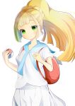  1girl absurdres backpack bag bangs blonde_hair blue_sailor_collar blush braid closed_mouth collarbone commentary_request crown_braid eyelashes green_eyes hands_up high_ponytail highres holding holding_poke_ball lillie_(pokemon) orange_bag poke_ball poke_ball_(basic) pokemon pokemon_(game) pokemon_sm sailor_collar shirt short_sleeves simple_background skirt smile solo split_mouth tsunamayo_(tsuna_art27) white_background white_shirt white_skirt 