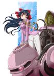  1girl bangs blue_hair breasts brown_eyes cable hair_ribbon highres hiroyuki_taiga jacket koubu leaning_forward mecha medium_breasts pants pink_jacket ponytail red_ribbon ribbon sakura_taisen shinguuji_sakura solo white_pants 