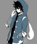  1boy black_hair bright_pupils collarbone commentary_request earphones earphones grey_background hand_in_pocket herunia_kokuoji hood hoodie listening_to_music male_focus red_eyes short_hair signature simple_background solo upper_body warioware white_pupils young_cricket 