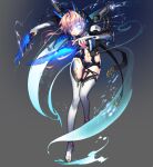  1girl armor blue_eyes blue_flower blue_rose floral_print flower full_body glowing glowing_eyes holding holding_sword holding_weapon looking_at_viewer mecha_musume multiple_weapons pika_(kai9464) pink_hair queen_(soccer_spirits) rose rose_print short_hair soccer_spirits stomach sword tattoo thigh-highs weapon 