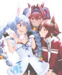  4girls ahoge animal_ear_fluff animal_ears bangs black_gloves blue_hair blush bow braid breasts brown_hair carrot_hair_ornament commentary_request crossover daiwa_scarlet_(umamusume) detached_sleeves don-chan_(usada_pekora) dress eyebrows_visible_through_hair food-themed_hair_ornament fur-trimmed_dress fur_scarf fur_trim gloves hair_between_eyes hair_bow hair_intakes hair_ornament hair_over_one_eye hands_up highres hololive horse_ears horse_girl hoshi_umi jacket long_hair long_sleeves looking_at_viewer medium_breasts multicolored_hair multiple_girls oguri_cap_(umamusume) open_mouth pantyhose partially_unzipped rabbit_ears rabbit_girl red_eyes red_jacket red_shorts scarf short_eyebrows short_shorts short_sleeves shorts silver_hair simple_background strapless strapless_dress streaked_hair thick_eyebrows tiara track_jacket track_suit twin_braids twintails umamusume upper_teeth usada_pekora very_long_hair virtual_youtuber vodka_(umamusume) white_background white_bow white_dress white_hair white_scarf yellow_eyes 