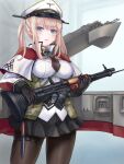  1girl black_gloves black_legwear black_skirt blonde_hair blue_eyes blush breasts capelet cowboy_shot dagger em_s eyebrows_visible_through_hair gloves graf_zeppelin_(kancolle) gun hair_between_eyes hat highres holding holding_gun holding_weapon kantai_collection knife large_breasts long_hair long_sleeves machinery military military_uniform open_mouth pantyhose peaked_cap pleated_skirt rigging sidelocks skirt solo turret twintails uniform weapon white_headwear 
