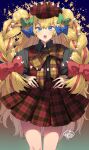  1girl blonde_hair blue_eyes bow braid character_request hair_bow hands_on_hips hat highres long_hair looking_at_viewer murata_tefu open_mouth plaid simple_background skirt solo twin_braids very_long_hair 