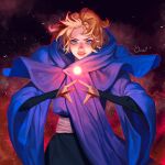 1girl absurdres blue_cloak blue_eyes castlevania castlevania_(netflix) cloak dracula energy_ball fighting_stance highres looking_at_viewer magic ori_dal parted_lips sash solo sypha_belnades upper_body 