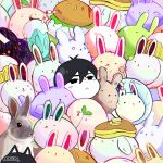  1boy :&lt; bangs black_eyes black_hair blush burger candievill chibi crowded food frown hair_between_eyes highres leaf looking_up omori omori_(omori) pancake rabbit short_hair space_helmet 