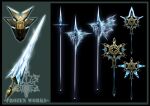  axe black_background commentary_request english_commentary english_text fantasy green_background harunori_oogami ice lance mixed-language_commentary no_humans original polearm shield simple_background snowflakes spear still_life weapon weapon_focus 