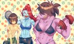 1other 2girls :d abs artist_name bad_anatomy bikini black_bikini blue_bra blue_skin bra brown_hair closed_eyes colored_skin deltarune dumbbell facing_viewer floral_background furry grin hair_over_eyes hair_over_one_eye hand_on_hip highres laughing multiple_girls navel open_mouth ponytail pugthe2ro redhead sharp_teeth shorts smile susie_(deltarune) sweat swimsuit teeth toned undertale underwear undyne 