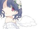  1girl angel_wings artist_request barre black_hair commentary_request dress flower_wreath frilled_dress frills fukumaru_koito highres idolmaster idolmaster_shiny_colors looking_at_viewer off-shoulder_dress off_shoulder solo twintails upper_body violet_eyes white_background white_dress wings wreath 