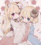  2girls animal_ear_fluff animal_ears bell blonde_hair blue_dress cat_ears cat_tail child dress face-to-face floral_background flower fox_mask green_eyes highres holding_hands horns jingle_bell long_hair mask mask_on_head mirukutarou multiple_girls original petals pink_dress red_eyes ribbon rose sheep_ears sheep_horns short_hair tail tail_ornament tail_ribbon 