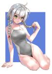  1girl arm_support blue_background braid commentary_request competition_swimsuit full_body green_eyes grey_swimsuit katahira_masashi long_hair looking_at_viewer low_twintails one-piece_swimsuit original silver_hair sitting solo swimsuit twin_braids twintails two-tone_background white_background yokozuwari 