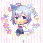  1girl :d ahoge animal_ear_fluff animal_ears bangs black_skirt blue_eyes blue_flower blush bow cat_ears cat_girl cat_tail commentary_request eyebrows_visible_through_hair floral_background flower grey_hair grey_shirt hair_between_eyes hands_up kou_hiyoyo looking_at_viewer open_mouth original pink_flower pleated_skirt puffy_short_sleeves puffy_sleeves purple_flower red_bow sailor_collar school_uniform serafuku shirt shoes short_sleeves skirt smile solo standing standing_on_one_leg striped striped_background tail thigh-highs uwabaki vertical_stripes white_background white_footwear white_legwear white_sailor_collar 