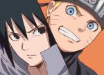  2boys :d bangs black_eyes black_hair blonde_hair blue_background blue_eyes close-up forehead_protector grey_jacket grin hair_between_eyes jacket looking_at_another multiple_boys naruto_(series) naruto_shippuuden ninja open_mouth orange_background pinoko_(pnk623) short_hair smile teeth two-tone_background uchiha_sasuke uzumaki_naruto v-shaped_eyebrows 