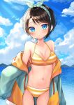  1girl bangs bare_shoulders bikini black_hair blue_eyes breasts clouds collarbone day eyebrows_visible_through_hair green_jacket hairband highres hololive horizon jacket looking_at_viewer medium_breasts mountainous_horizon multicolored_clothes multicolored_jacket navel ocean off_shoulder oozora_subaru open_clothes open_jacket orange_bikini orange_jacket outdoors shichi_(tarakochan-medo) short_hair solo stomach striped striped_bikini swimsuit two-sided_fabric two-sided_jacket two-tone_jacket virtual_youtuber water 