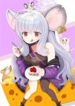  1girl :p animal_ears animal_on_head blue_archive breasts cake casual cheese closed_mouth ear_tag food grey_hair halo highres jacket looking_at_viewer mask medium_breasts mouse_ears mouse_tail mouth_mask on_head plate rat red_eyes saya_(blue_archive) shorts simple_background solo tail tennorikurenai tongue tongue_out 