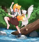  1girl anger_vein animal_ear_fluff animal_ears asymmetrical_hair bangs barefoot bird black_footwear black_neckwear blonde_hair brown_skirt brown_vest bush collared_shirt commentary_request cookie_(touhou) eyebrows_visible_through_hair feathers fighting forest fox_ears fox_girl fox_tail full_body head_bump highres holding holding_feather log medium_hair miramikaru_riran nature necktie open_mouth outdoors pelican red_eyes river rock shirt shoes short_sleeves sidelocks single_shoe skirt tail tree vest water white_shirt yan_pai 