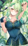 1girl absurdres antlers arm_up armpits blurry blurry_background blush braid branch breasts ceres_fauna collarbone covered_navel dress earrings english_commentary eyebrows_visible_through_hair flower forest french_braid green_hair green_nails hair_flower hair_ornament highres hololive hololive_english jewelry leaf long_hair medium_breasts mole mole_under_eye nail_polish nature parted_lips sleeveless sleeveless_dress solo sosuke_(yrmon) sweat virtual_youtuber yellow_eyes 