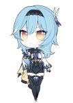  1girl :&lt; bangs black_legwear black_leotard blue_hair cape chibi commentary_request eula_(genshin_impact) eyebrows_visible_through_hair full_body genshin_impact hair_between_eyes hair_ornament hairband hand_on_hip hara_(xper8243) leotard long_hair long_sleeves looking_at_viewer necktie sidelocks simple_background solo standing thigh-highs v-shaped_eyebrows vision_(genshin_impact) white_background yellow_eyes zettai_ryouiki 