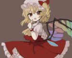  1girl :d absurdres artist_request ascot bangs blonde_hair blush brown_background commentary_request crystal drill_hair fang finger_to_mouth flandre_scarlet from_side hair_between_eyes hand_up hat highres index_finger_raised looking_at_viewer mob_cap one_side_up open_mouth petticoat puffy_short_sleeves puffy_sleeves red_eyes red_skirt red_vest short_hair short_sleeves simple_background skin_fang skirt smile solo touhou vest white_headwear wings wrist_cuffs yellow_neckwear 