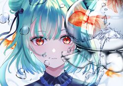  1girl aqua_hair blue_ribbon close-up commentary double_bun face fish hair_ornament hair_ribbon highres hololive medium_hair parted_lips portrait red_eyes ribbon shirai_(vapura4) skull_hair_ornament solo uruha_rushia virtual_youtuber water water_drop 