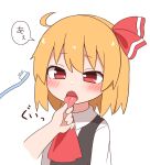  1girl 1other ahoge ascot bangs black_vest blonde_hair blush disembodied_limb eyebrows_visible_through_hair hair_ribbon highres holding_tongue nihohohi open_mouth red_eyes red_neckwear red_ribbon ribbon rumia solo_focus tongue tongue_out toothbrush toothpaste touhou upper_body vest wing_collar 