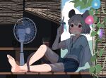  1girl :t alternate_costume animal_ears bangs barefoot blue_flower blue_shorts blush closed_mouth commentary_request crystal cup eating electric_fan flower food full_body grey_hair grey_shirt highres hot jewelry kashiwa_kona mouse mouse_ears mouse_girl mouse_tail nazrin pendant plant popsicle purple_flower reclining red_eyes shirt short_hair shorts sitting solo table tail touhou undershirt white_shirt 