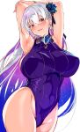  1girl armpits arms_behind_head arms_up bangs bare_shoulders blush breasts cle_masahiro covered_navel earrings fate/grand_order fate_(series) flower hair_flower hair_ornament hair_ribbon highleg highleg_swimsuit highres jewelry kama_(fate) kama_(swimsuit_avenger)_(fate) large_breasts long_hair looking_at_viewer lotus multicolored_hair one-piece_swimsuit open_mouth purple_hair purple_swimsuit red_eyes ribbon silver_hair smile solo star_(symbol) star_earrings swimsuit thighs two-tone_hair 