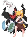  1girl animal_ears asymmetrical_hair bangs barefoot black_neckwear blonde_hair brown_skirt brown_vest collared_shirt commentary_request cookie_(touhou) covering_mouth darkrai eyebrows_visible_through_hair food foot_out_of_frame fox_ears fox_girl fox_tail hand_over_own_mouth highres holding holding_pole looking_at_viewer medium_hair miramikaru_riran mythical_pokemon necktie pokemon pole red_eyes shirt short_sleeves sidelocks simple_background skirt tail tupperware vest white_background white_shirt yan_pai 