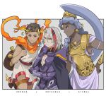  ! 1girl 2boys :3 ? absurdres armor athena_(hades) bag black_armor black_hair blue_hair body_armor braid brown_eyes cape character_name chin_stroking crossover dark-skinned_female dark_skin earrings greek_clothes hades_(game) head_wings helmet hermes_(hades) highres jewelry laurel_crown multiple_boys odysseus_(fate) orange_scarf scarf shoulder_bag silver_hair single_braid spoken_exclamation_mark spoken_question_mark tia_(cocorosso) yellow_eyes 