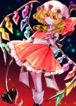  1girl \||/ ascot bangs blonde_hair blurry blush bow center_frills closed_mouth commentary_request crystal depth_of_field eyebrows_visible_through_hair fang fang_out feet_out_of_frame flandre_scarlet flat_chest frills gradient gradient_background hair_between_eyes hand_up hat hat_bow highres holding holding_weapon laevatein_(touhou) light_particles looking_at_viewer mob_cap nail_polish one_side_up petticoat puffy_short_sleeves puffy_sleeves red_background red_bow red_eyes red_nails red_skirt red_vest short_sleeves simple_background skin_fang skirt smile solo touhou vest weapon white_headwear wings wrist_cuffs yellow_neckwear yuka_yukiusa 